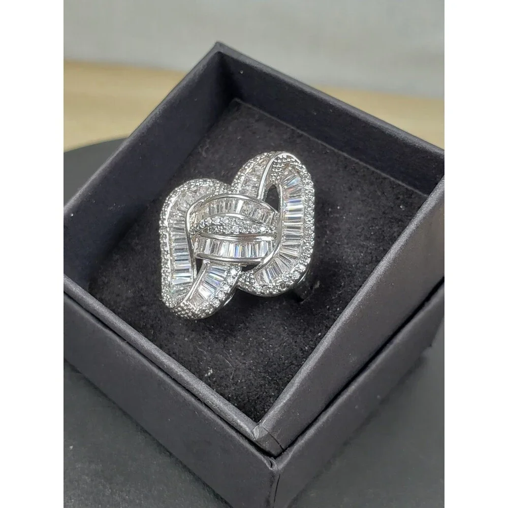 Unique Bow Infinity Baguette Cut CZ 925 Silver Cluster Cocktail Ring Size 9.25